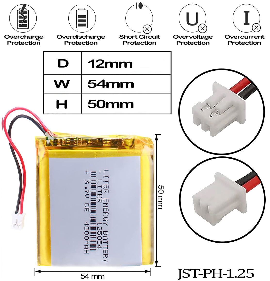 3.7V 4000mAh Lithium ion Polymer Rechargeable Battery 125054 with JST Connector