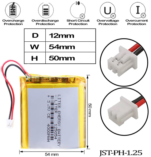 3.7V 4000mAh Lithium ion Polymer Rechargeable  Battery 125054 with JST Connector