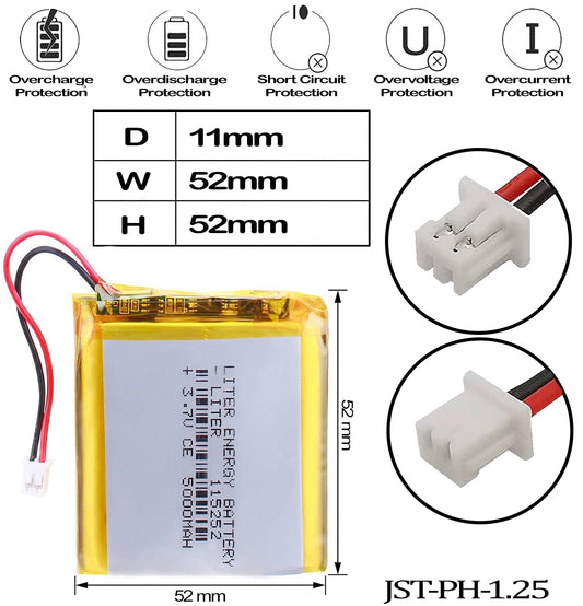 3.7V 5000mAh Lithium ion Polymer Rechargeable  Battery 115252 with JST Connector
